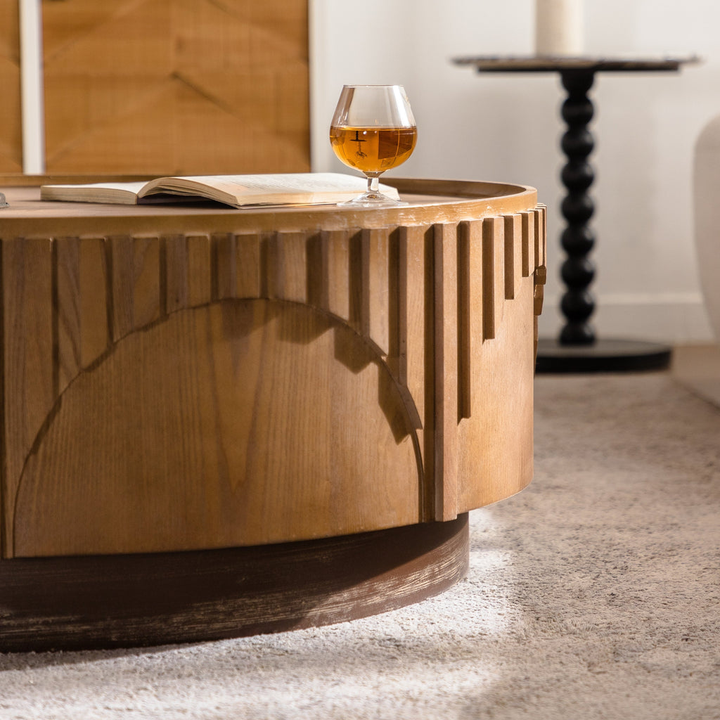 Coffee Table Round Wood Modern Solid Wood Veneer Handcrafted Relief Tea Table with Sturdy Pedestal for Apartment,Living Room