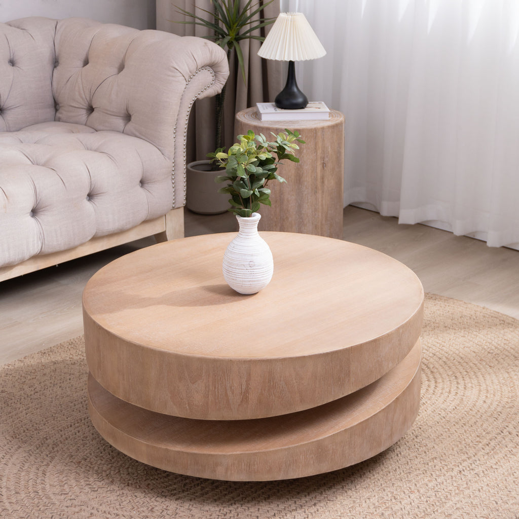 Modern Round Wood Coffee Table – 31.3 Natural Finish Accent Table for Living Room