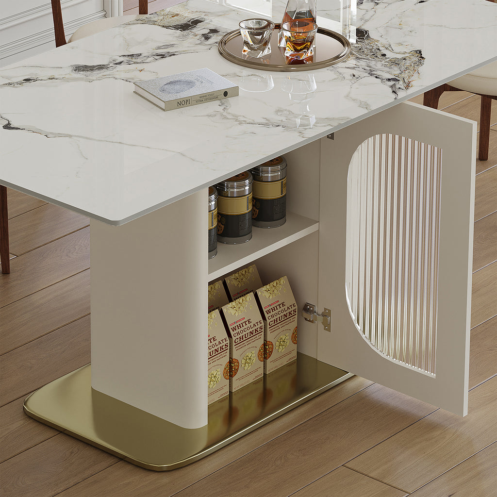 63' Modern Dining Table for 4-6 People, Kitchen Table with Storage Shelf & Acrylic Door Cabinet, Sintered Stone Tabletop with Golden Solid Wood Base, Perfect for Apartments and Family Use