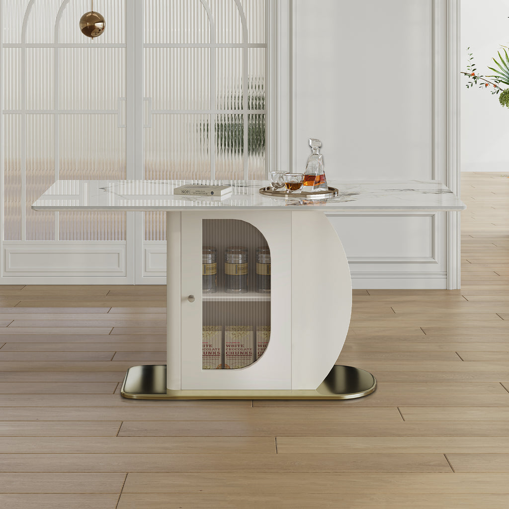 63' Modern Dining Table for 4-6 People, Kitchen Table with Storage Shelf & Acrylic Door Cabinet, Sintered Stone Tabletop with Golden Solid Wood Base, Perfect for Apartments and Family Use