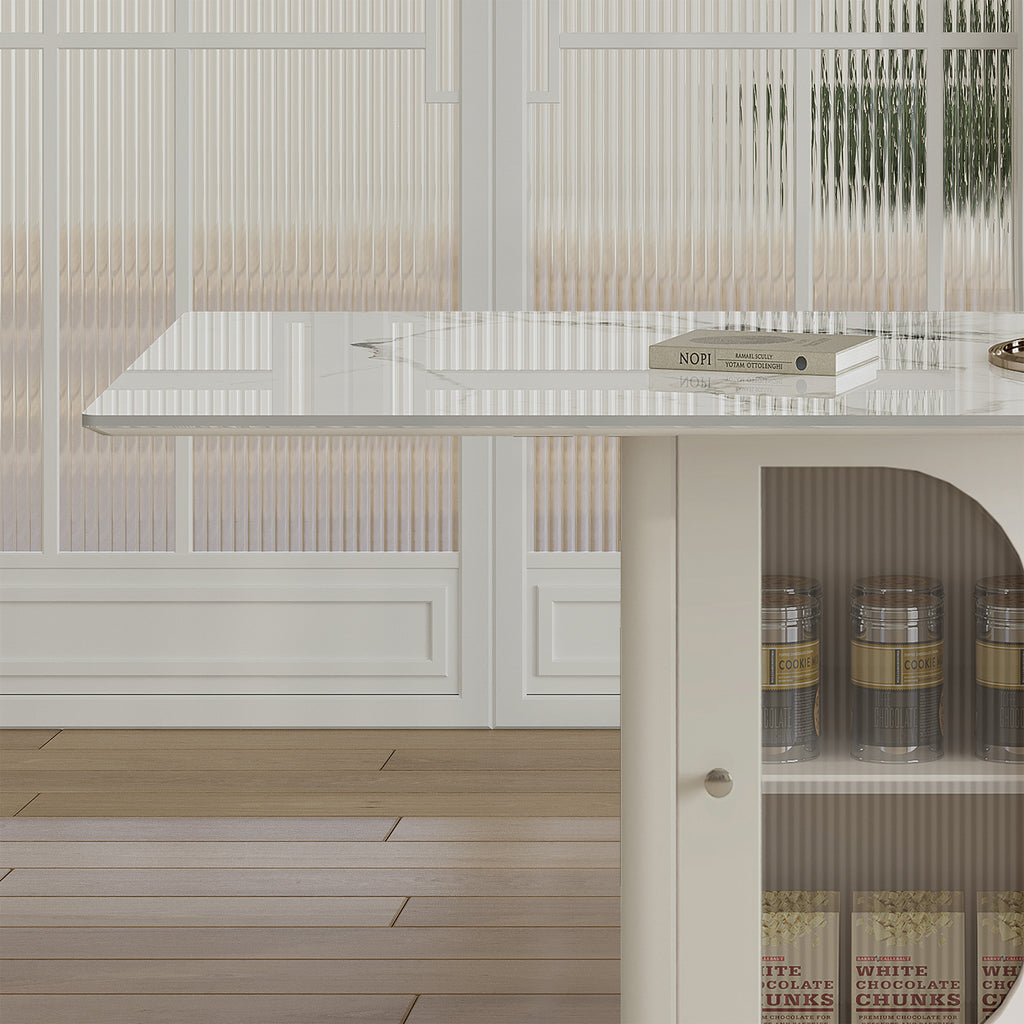 63' Modern Dining Table for 4-6 People, Kitchen Table with Storage Shelf & Acrylic Door Cabinet, Sintered Stone Tabletop with Golden Solid Wood Base, Perfect for Apartments and Family Use