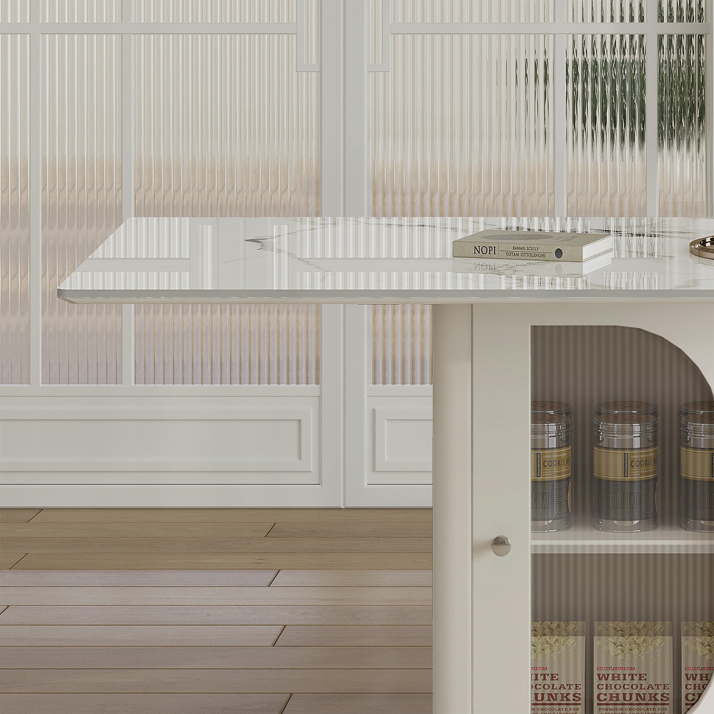 63' Modern Dining Table for 4-6 People, Kitchen Table with Storage Shelf & Acrylic Door Cabinet, Sintered Stone Tabletop with Golden Solid Wood Base, Perfect for Apartments and Family Use