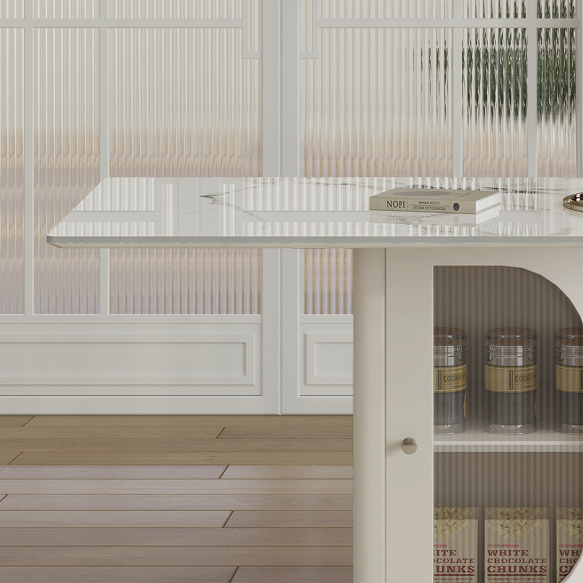 63' Modern Dining Table for 4-6 People, Kitchen Table with Storage Shelf & Acrylic Door Cabinet, Sintered Stone Tabletop with Golden Solid Wood Base, Perfect for Apartments and Family Use