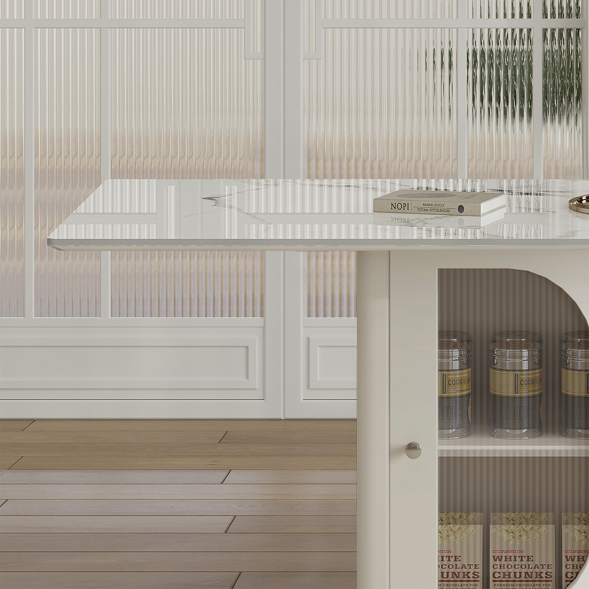 63' Modern Dining Table for 4-6 People, Kitchen Table with Storage Shelf & Acrylic Door Cabinet, Sintered Stone Tabletop with Golden Solid Wood Base, Perfect for Apartments and Family Use