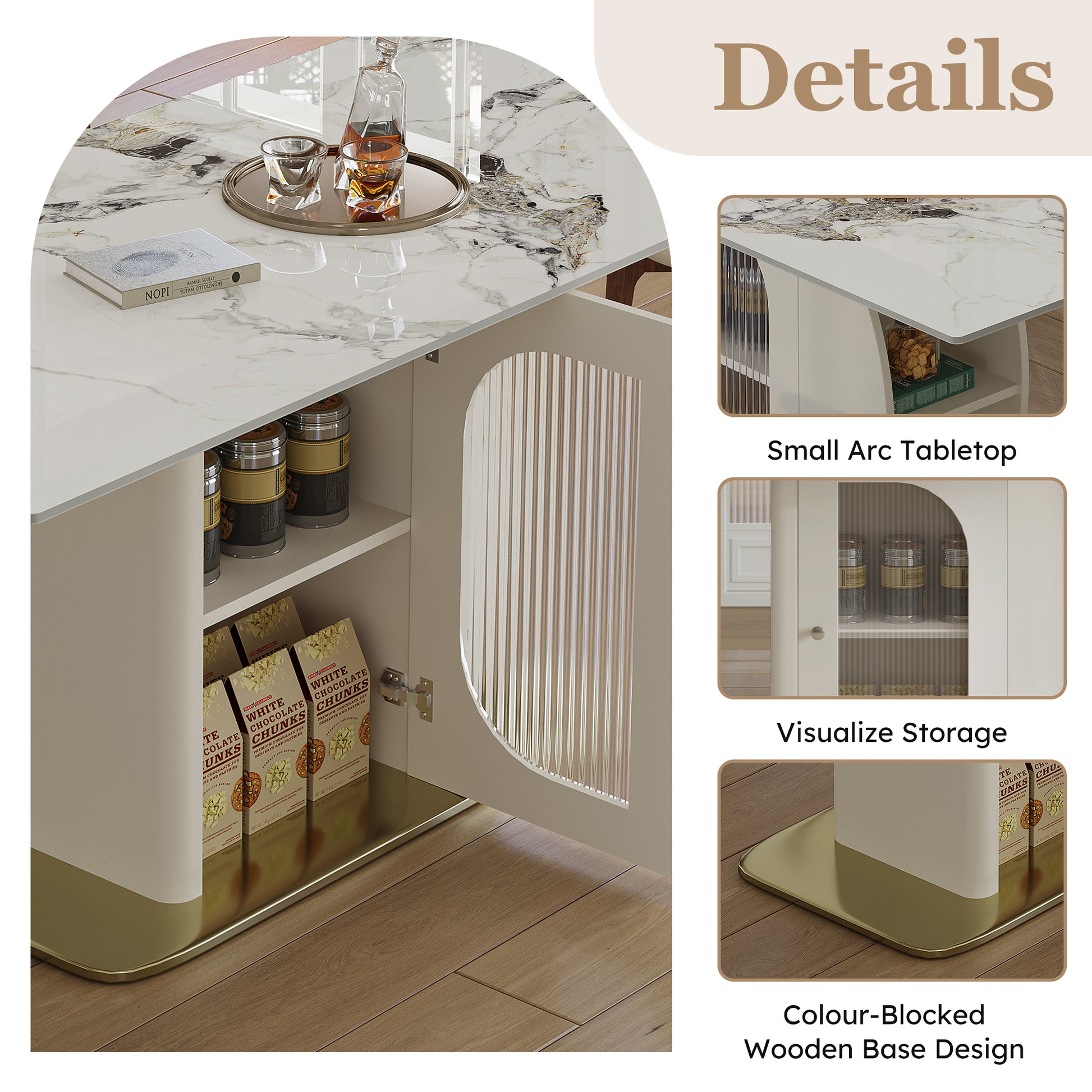 63' Modern Dining Table for 4-6 People, Kitchen Table with Storage Shelf & Acrylic Door Cabinet, Sintered Stone Tabletop with Golden Solid Wood Base, Perfect for Apartments and Family Use