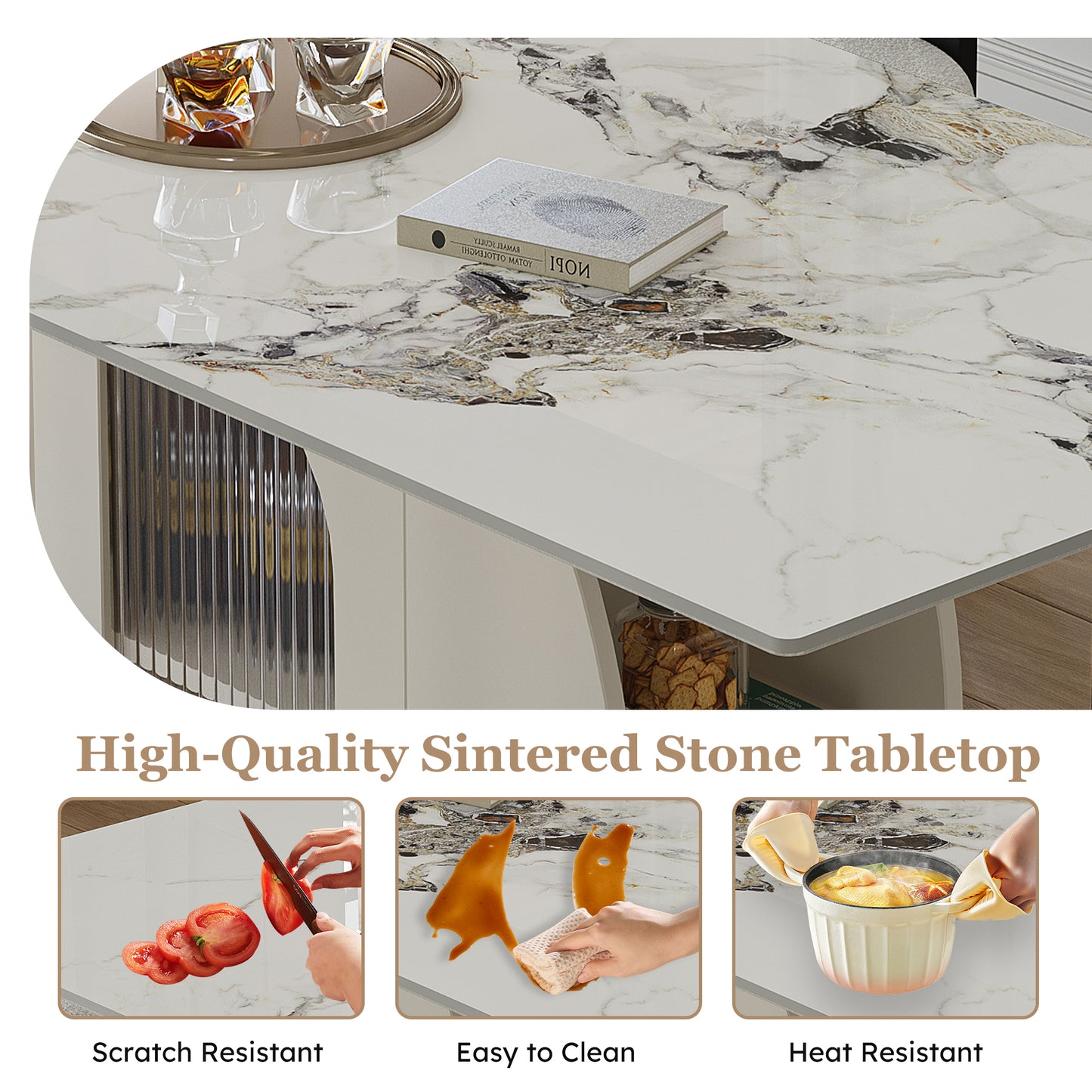 63' Modern Dining Table for 4-6 People, Kitchen Table with Storage Shelf & Acrylic Door Cabinet, Sintered Stone Tabletop with Golden Solid Wood Base, Perfect for Apartments and Family Use