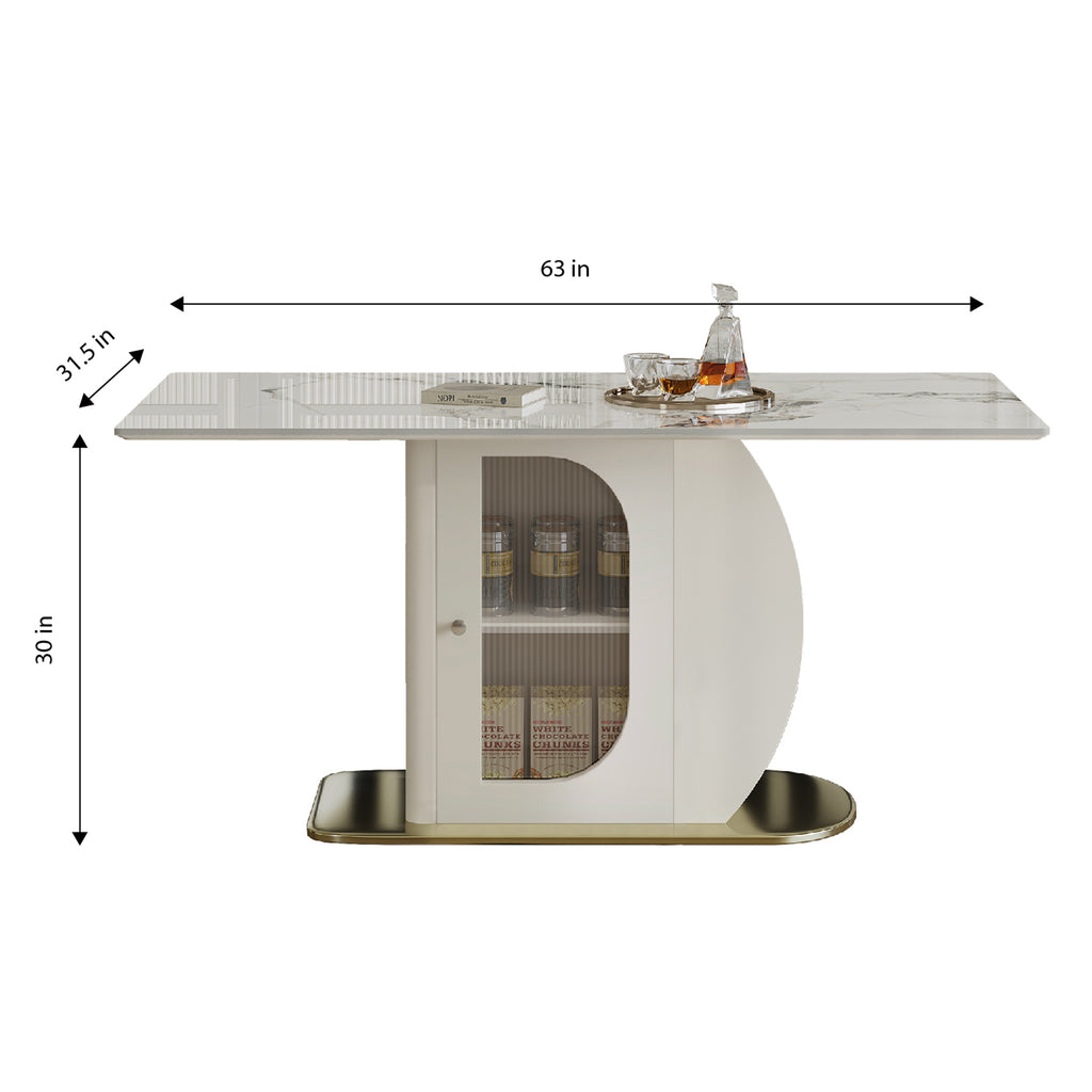 63' Modern Dining Table for 4-6 People, Kitchen Table with Storage Shelf & Acrylic Door Cabinet, Sintered Stone Tabletop with Golden Solid Wood Base, Perfect for Apartments and Family Use
