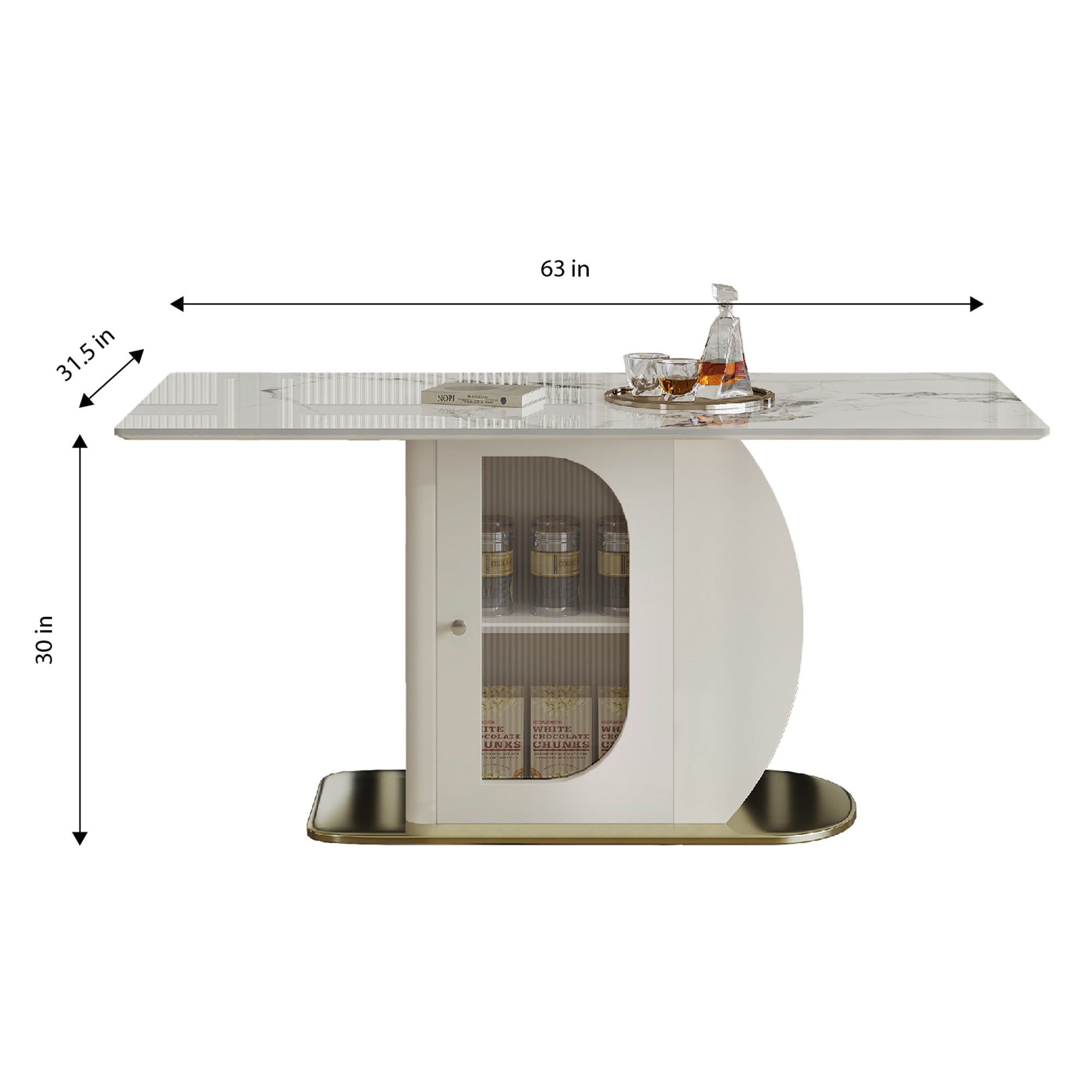 63' Modern Dining Table for 4-6 People, Kitchen Table with Storage Shelf & Acrylic Door Cabinet, Sintered Stone Tabletop with Golden Solid Wood Base, Perfect for Apartments and Family Use