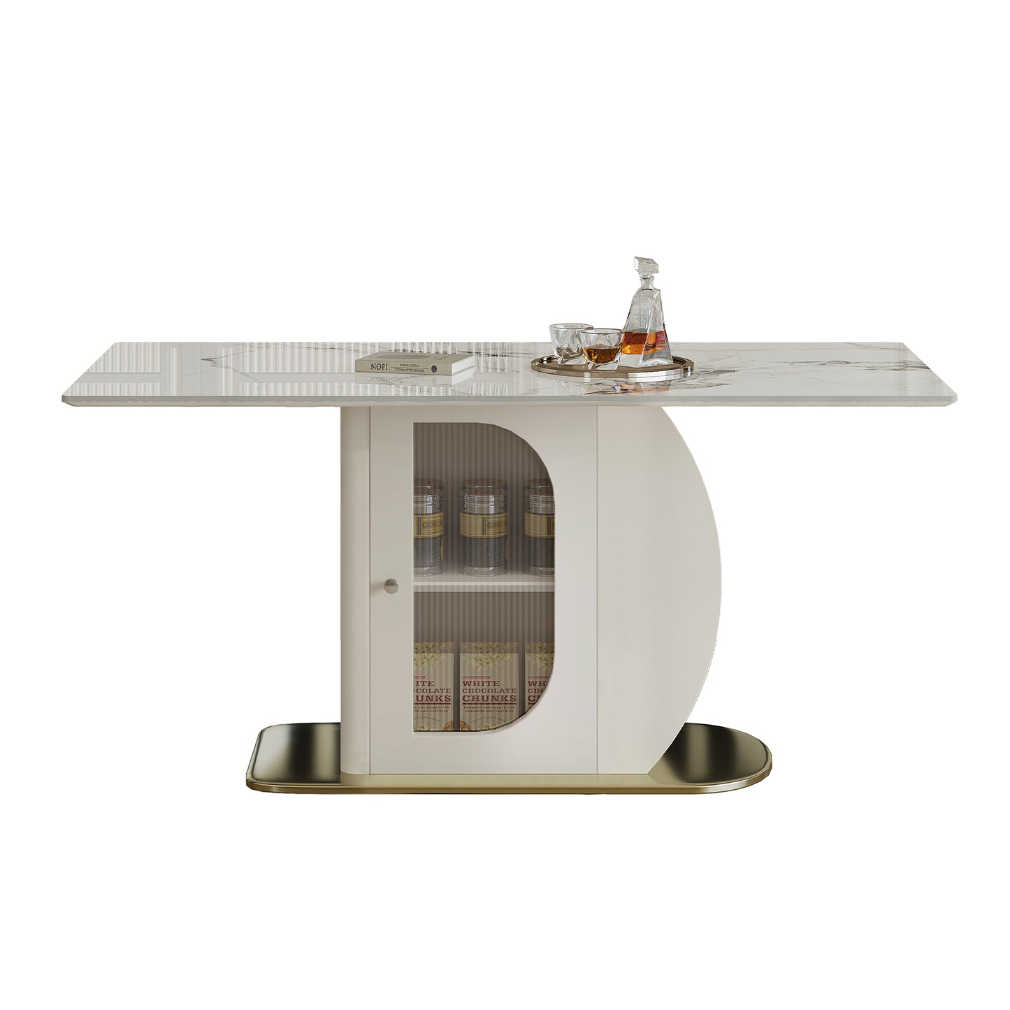 63' Modern Dining Table for 4-6 People, Kitchen Table with Storage Shelf & Acrylic Door Cabinet, Sintered Stone Tabletop with Golden Solid Wood Base, Perfect for Apartments and Family Use