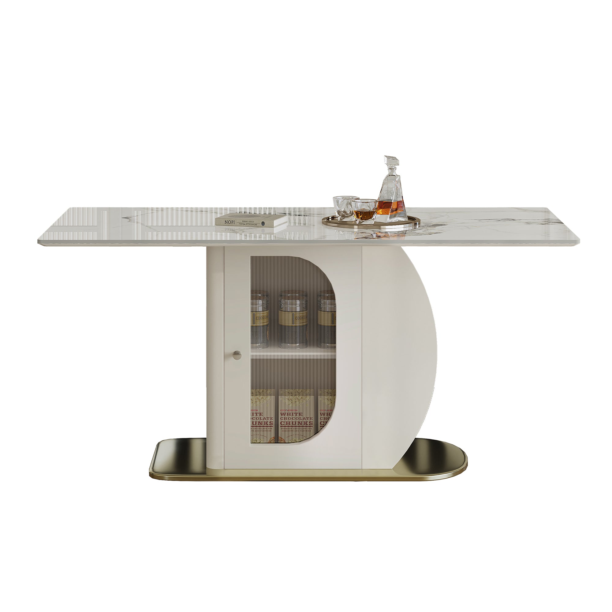 63' Modern Dining Table for 4-6 People, Kitchen Table with Storage Shelf & Acrylic Door Cabinet, Sintered Stone Tabletop with Golden Solid Wood Base, Perfect for Apartments and Family Use