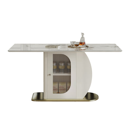 63' Modern Dining Table for 4-6 People, Kitchen Table with Storage Shelf & Acrylic Door Cabinet, Sintered Stone Tabletop with Golden Solid Wood Base, Perfect for Apartments and Family Use