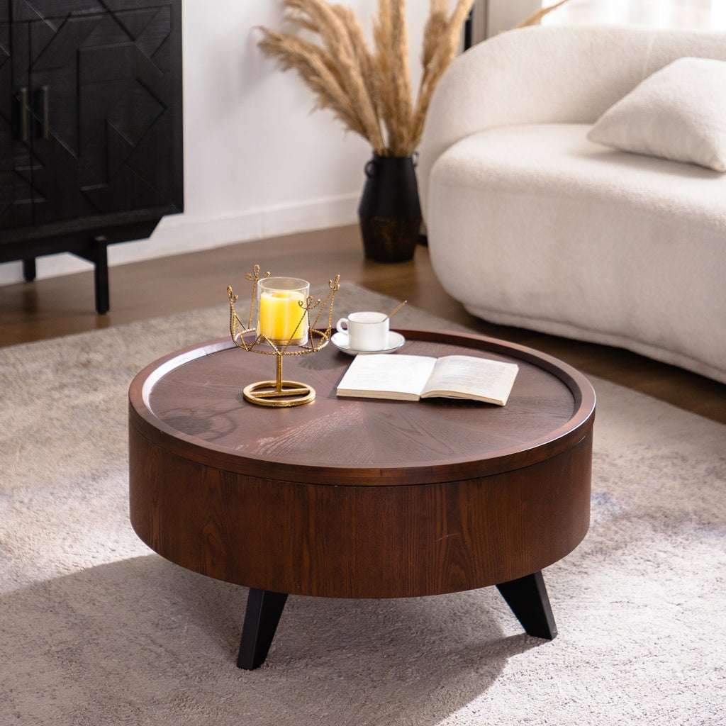 Round Coffee Table with Hidden Storage Removable Top,Modern Luxury Circle Drum Coffee Tables,Solid Wood Veneered Circle Center Table with Sturdy Pedestal for Living Room,Easy Assembly Coffee Table