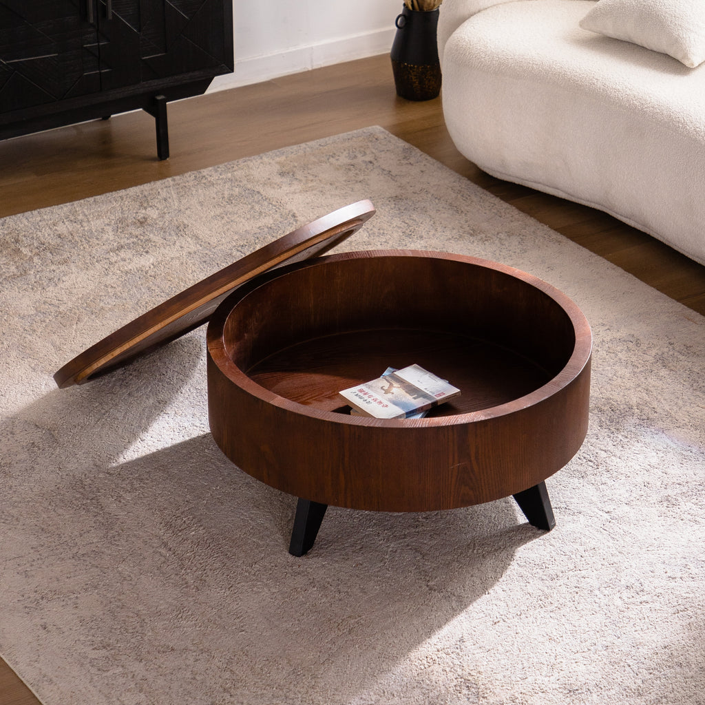 Round Coffee Table with Hidden Storage Removable Top,Modern Luxury Circle Drum Coffee Tables,Solid Wood Veneered Circle Center Table with Sturdy Pedestal for Living Room,Easy Assembly Coffee Table