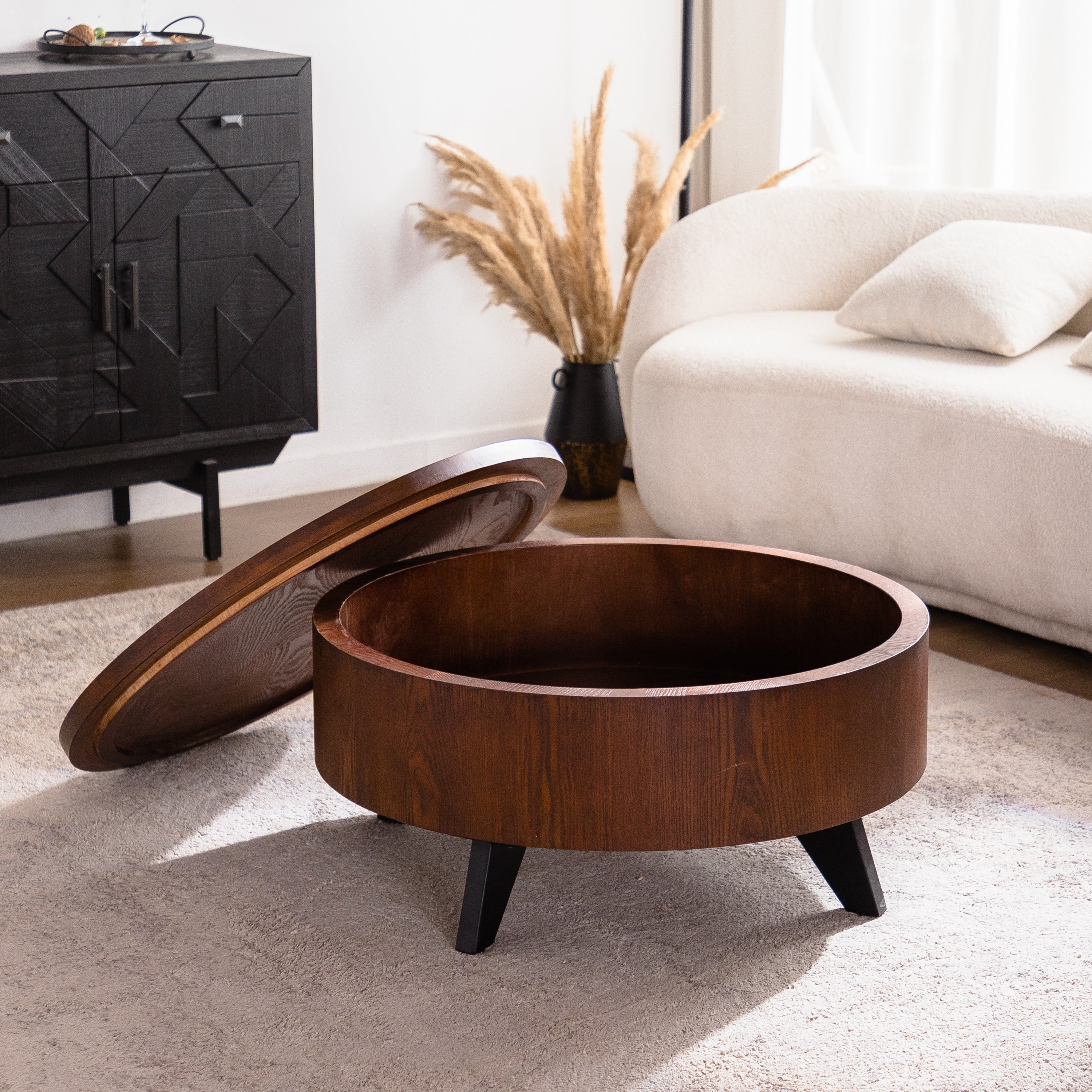 Round Coffee Table with Hidden Storage Removable Top,Modern Luxury Circle Drum Coffee Tables,Solid Wood Veneered Circle Center Table with Sturdy Pedestal for Living Room,Easy Assembly Coffee Table