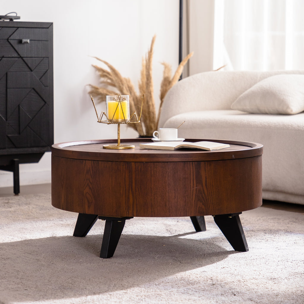 Round Coffee Table with Hidden Storage Removable Top,Modern Luxury Circle Drum Coffee Tables,Solid Wood Veneered Circle Center Table with Sturdy Pedestal for Living Room,Easy Assembly Coffee Table