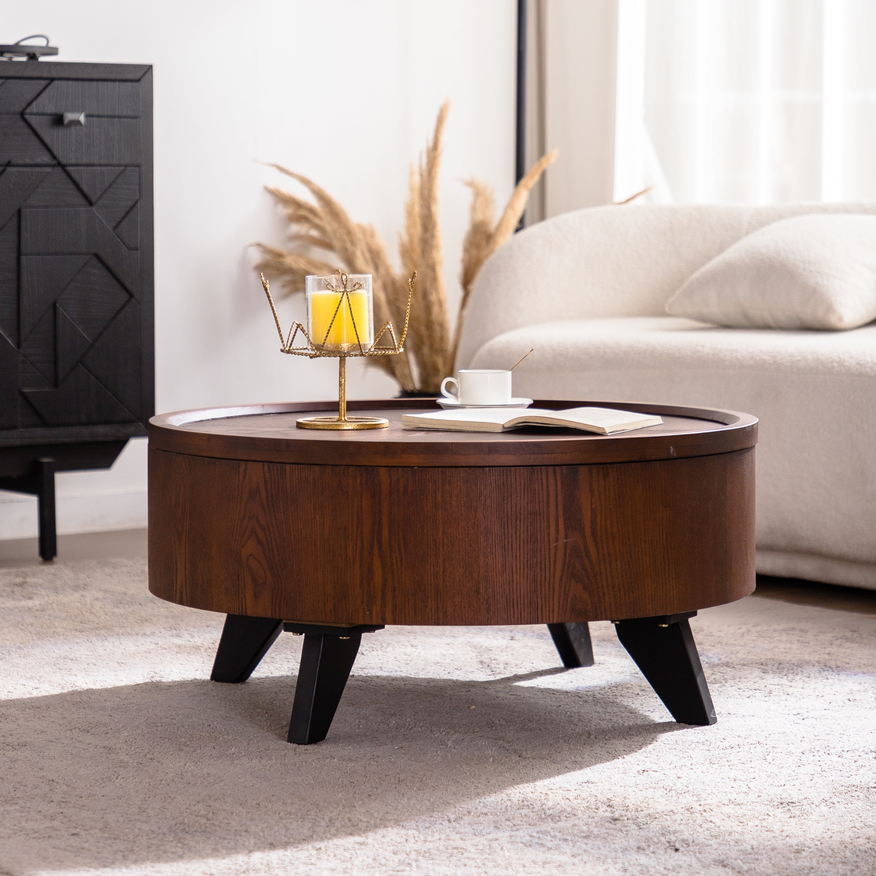 Round Coffee Table with Hidden Storage Removable Top,Modern Luxury Circle Drum Coffee Tables,Solid Wood Veneered Circle Center Table with Sturdy Pedestal for Living Room,Easy Assembly Coffee Table