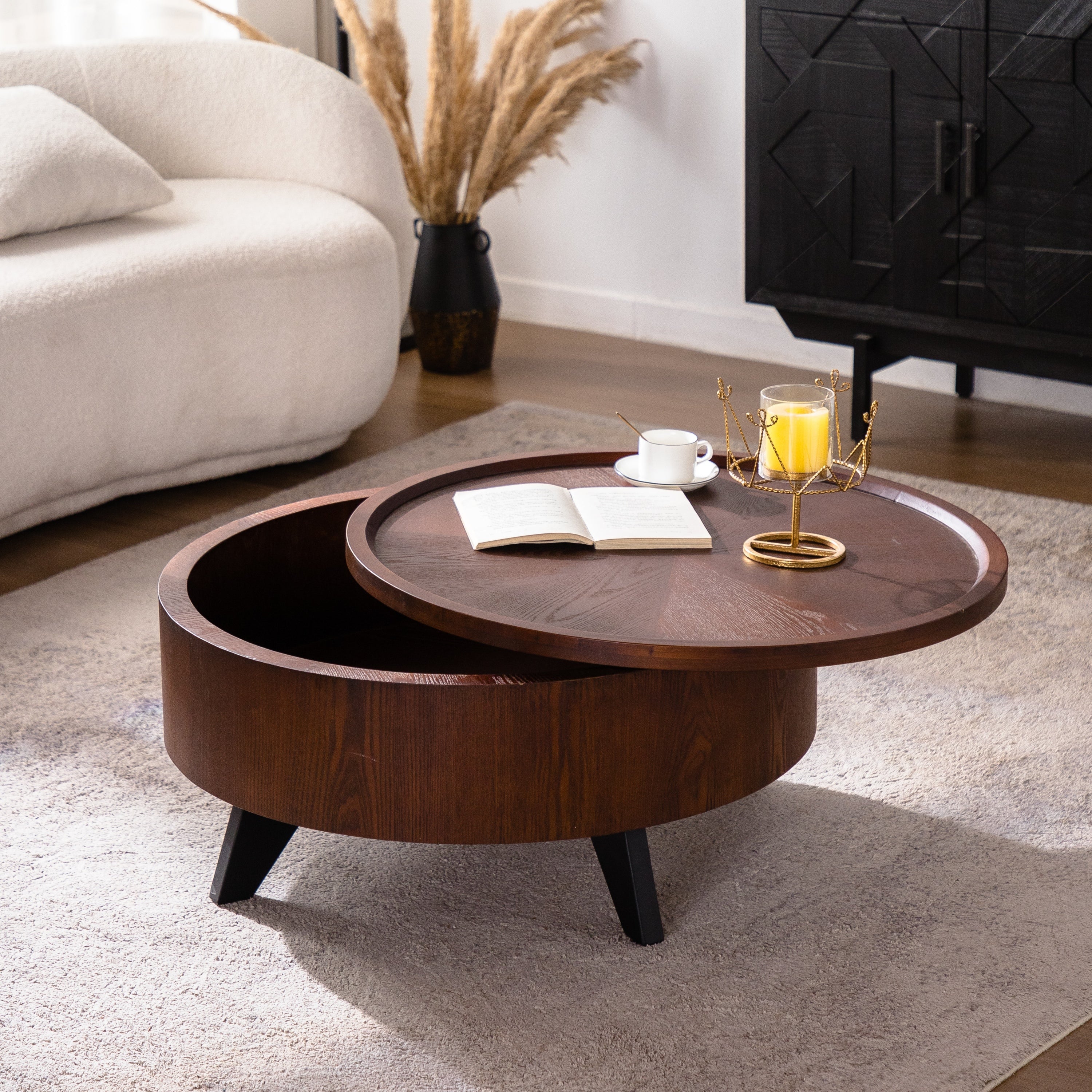 Round Coffee Table with Hidden Storage Removable Top,Modern Luxury Circle Drum Coffee Tables,Solid Wood Veneered Circle Center Table with Sturdy Pedestal for Living Room,Easy Assembly Coffee Table