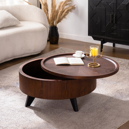 Round Coffee Table with Hidden Storage Removable Top,Modern Luxury Circle Drum Coffee Tables,Solid Wood Veneered Circle Center Table with Sturdy Pedestal for Living Room,Easy Assembly Coffee Table