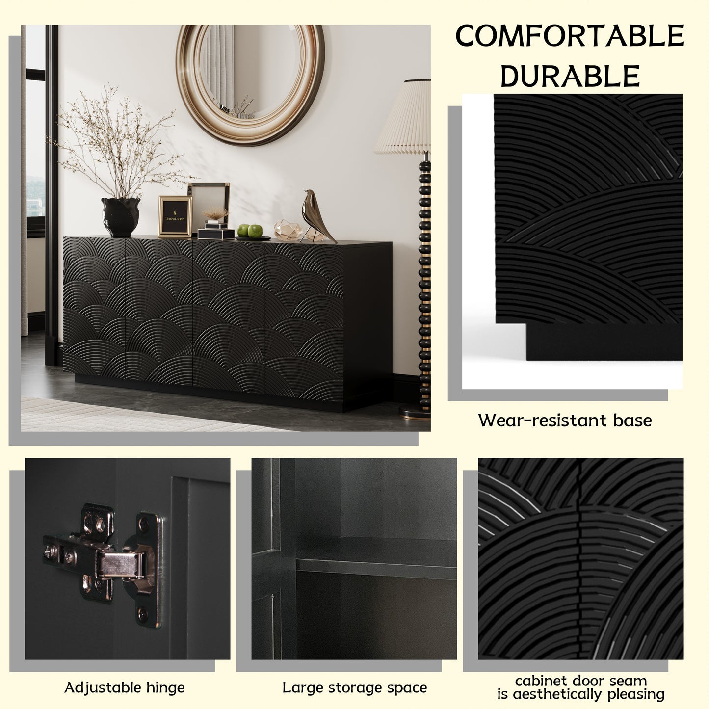 Sideboard Buffet Cabinet, 4 Doors Modern Accent Storage Sideboard, Luxurious Floor Cabinet Buffet with Freestanding Anti Dumping for Kitchen, Living Room, 59' Wide Rectangular Buffet Table(Black)