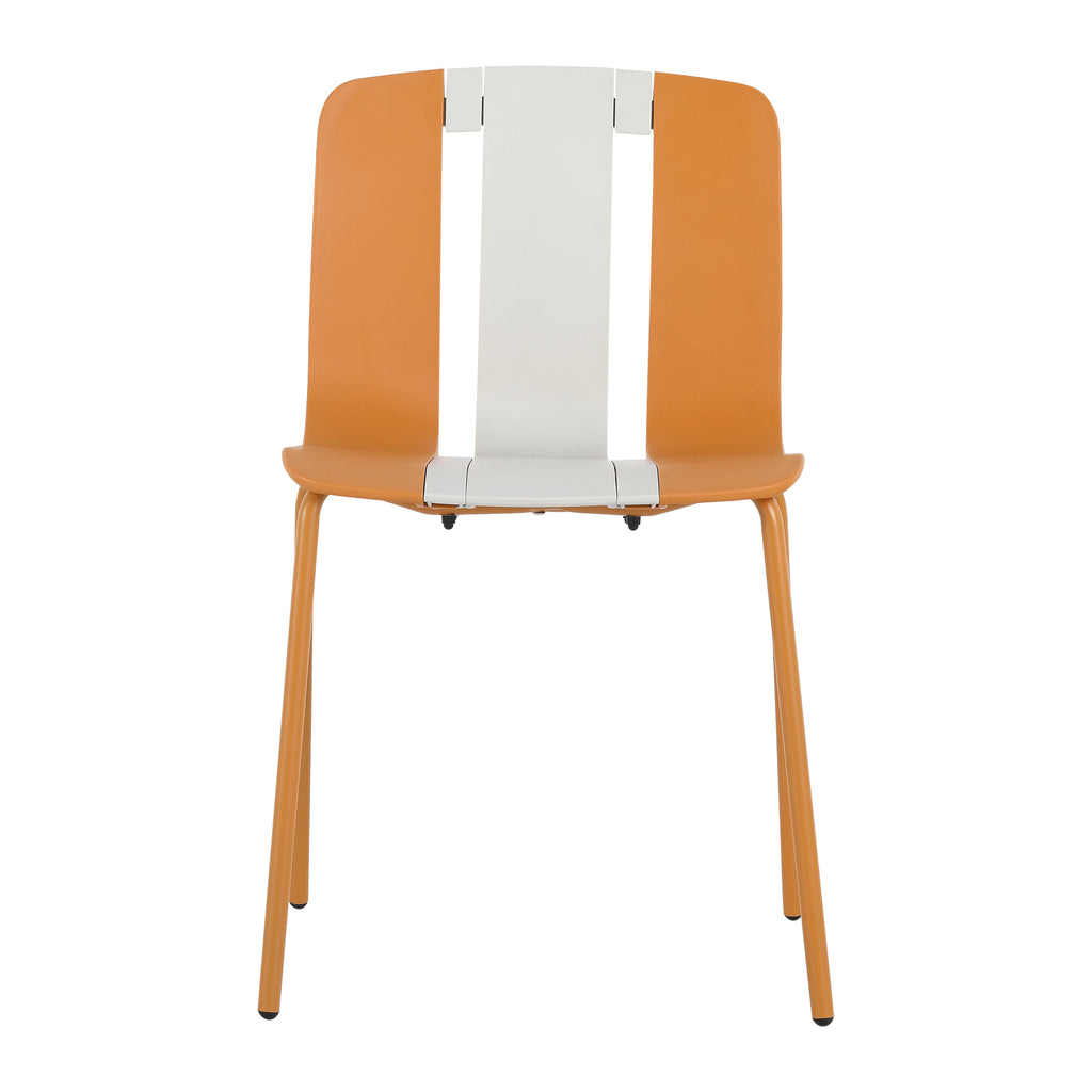 Four-piece set of modern striped color-blocking single chairs, waterproof and fade-resistant, in beige, white and orange.Dimensions: 20.47*18.9*31.5 (in). PP seats with powder-coated metal legs.