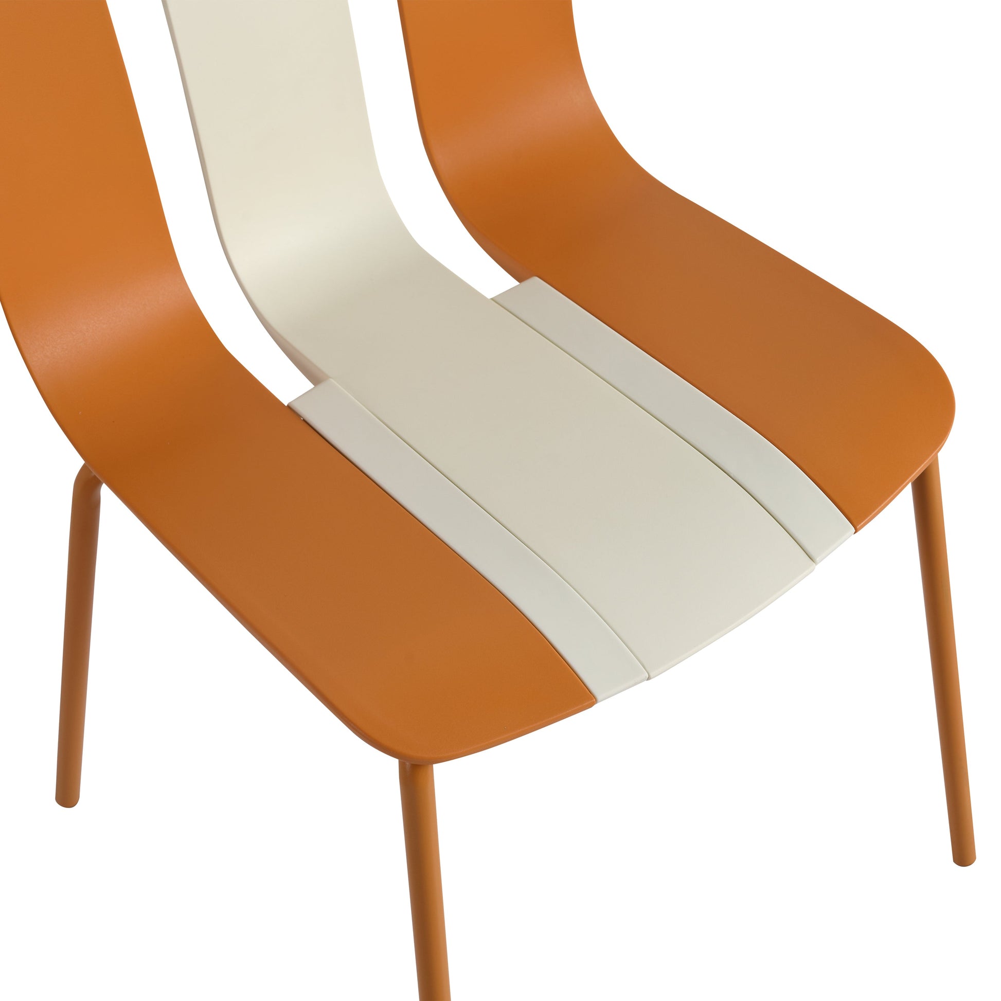 Four-piece set of modern striped color-blocking single chairs, waterproof and fade-resistant, in beige, white and orange.Dimensions: 20.47*18.9*31.5 (in). PP seats with powder-coated metal legs.