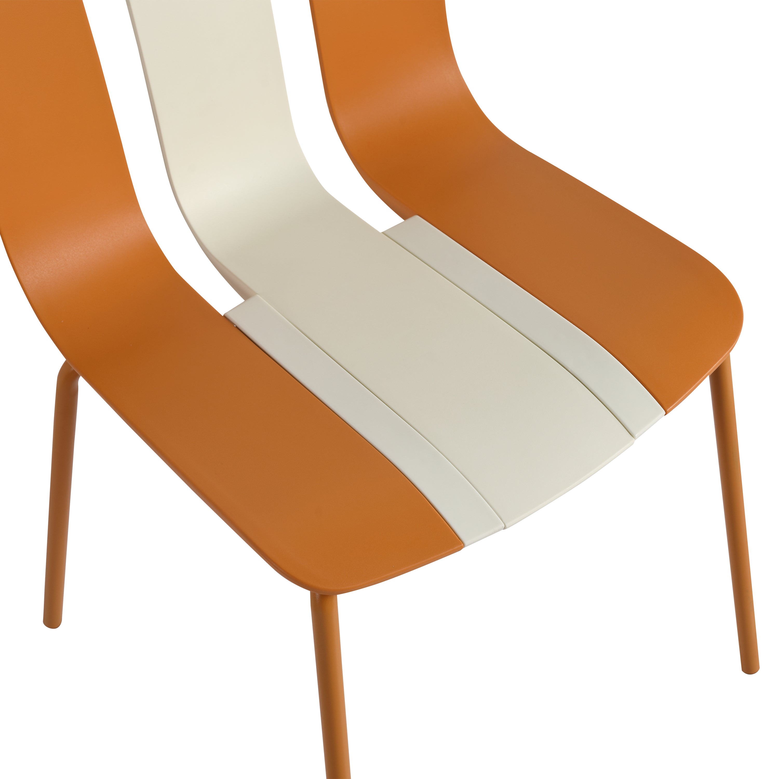 Four-piece set of modern striped color-blocking single chairs, waterproof and fade-resistant, in beige, white and orange.Dimensions: 20.47*18.9*31.5 (in). PP seats with powder-coated metal legs.