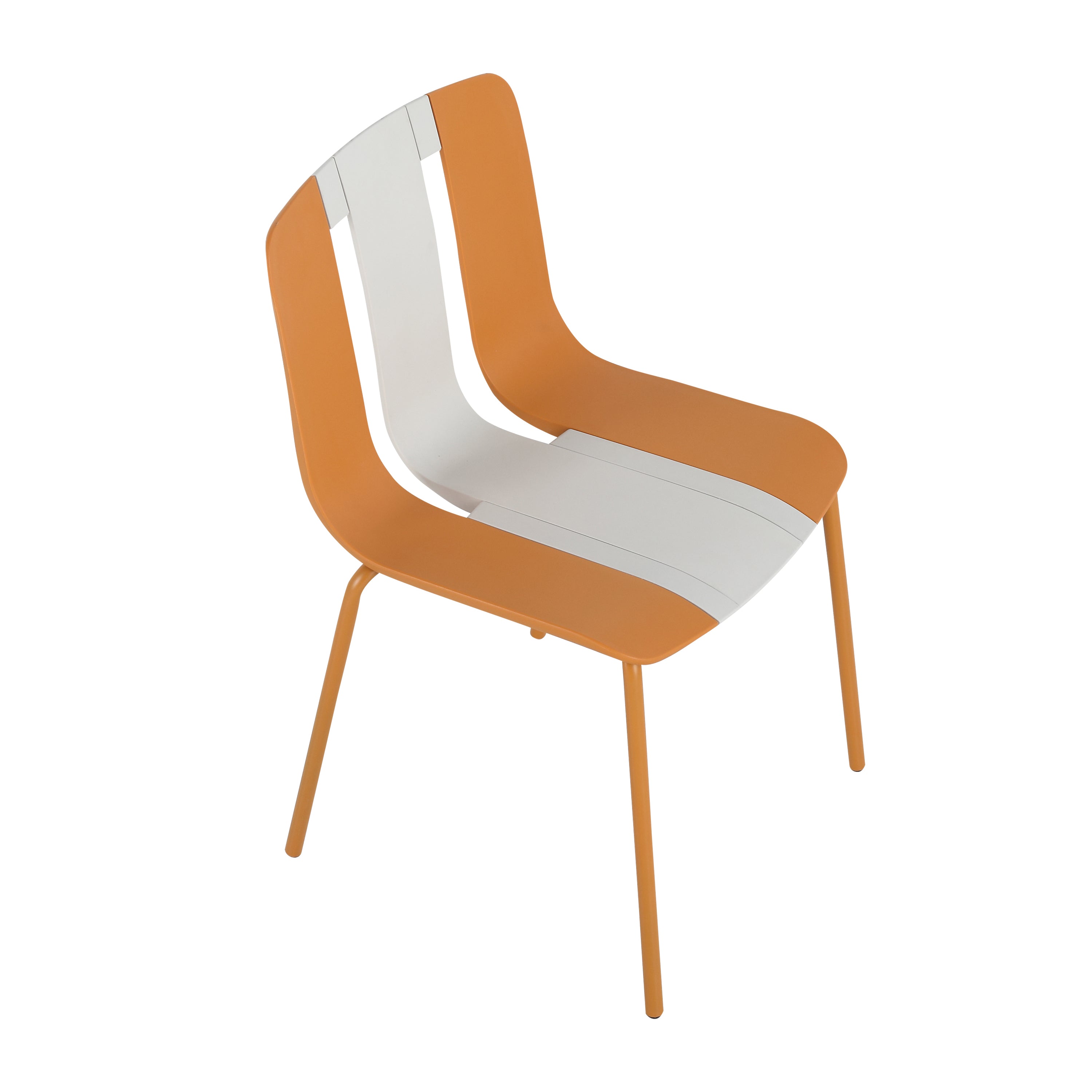 Four-piece set of modern striped color-blocking single chairs, waterproof and fade-resistant, in beige, white and orange.Dimensions: 20.47*18.9*31.5 (in). PP seats with powder-coated metal legs.