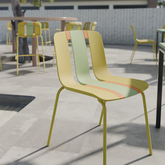 Four-Piece set of modern striped color-blocking single chairs, waterproof and fade-resistant, in Green, Yellow and Orange.Dimensions: 20.47*18.9*31.5 (in). PP seats with powder-coated metal legs.