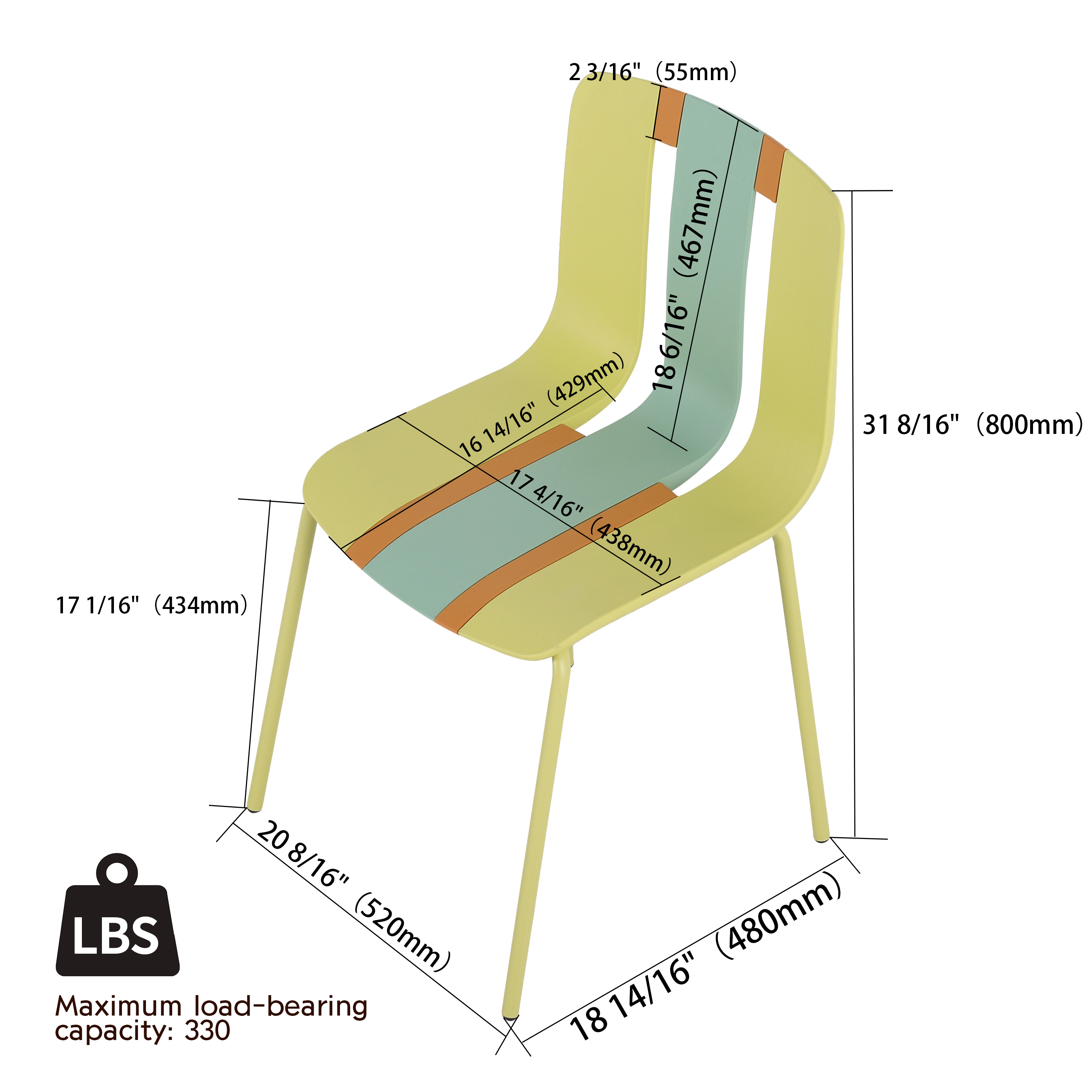 Four-Piece set of modern striped color-blocking single chairs, waterproof and fade-resistant, in Green, Yellow and Orange.Dimensions: 20.47*18.9*31.5 (in). PP seats with powder-coated metal legs.