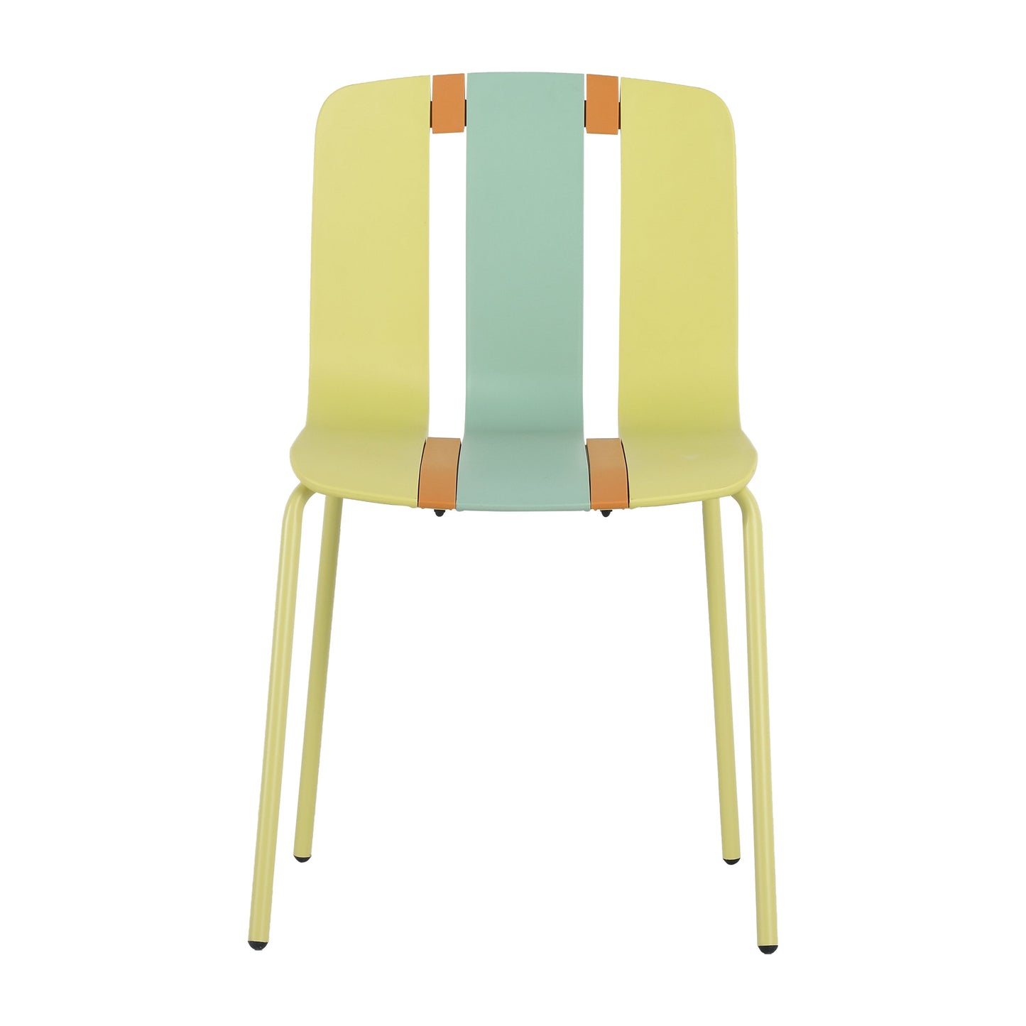 Four-Piece set of modern striped color-blocking single chairs, waterproof and fade-resistant, in Green, Yellow and Orange.Dimensions: 20.47*18.9*31.5 (in). PP seats with powder-coated metal legs.