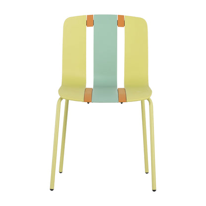 Four-Piece set of modern striped color-blocking single chairs, waterproof and fade-resistant, in Green, Yellow and Orange.Dimensions: 20.47*18.9*31.5 (in). PP seats with powder-coated metal legs.