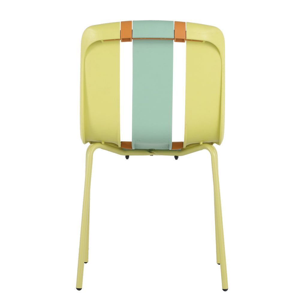 Four-Piece set of modern striped color-blocking single chairs, waterproof and fade-resistant, in Green, Yellow and Orange.Dimensions: 20.47*18.9*31.5 (in). PP seats with powder-coated metal legs.