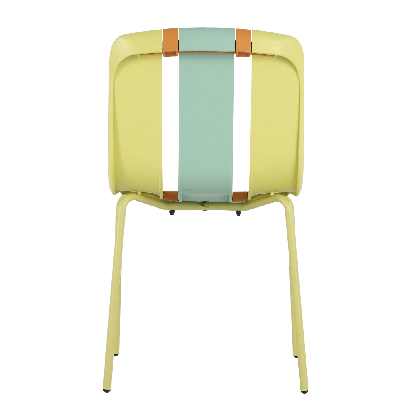 Four-Piece set of modern striped color-blocking single chairs, waterproof and fade-resistant, in Green, Yellow and Orange.Dimensions: 20.47*18.9*31.5 (in). PP seats with powder-coated metal legs.