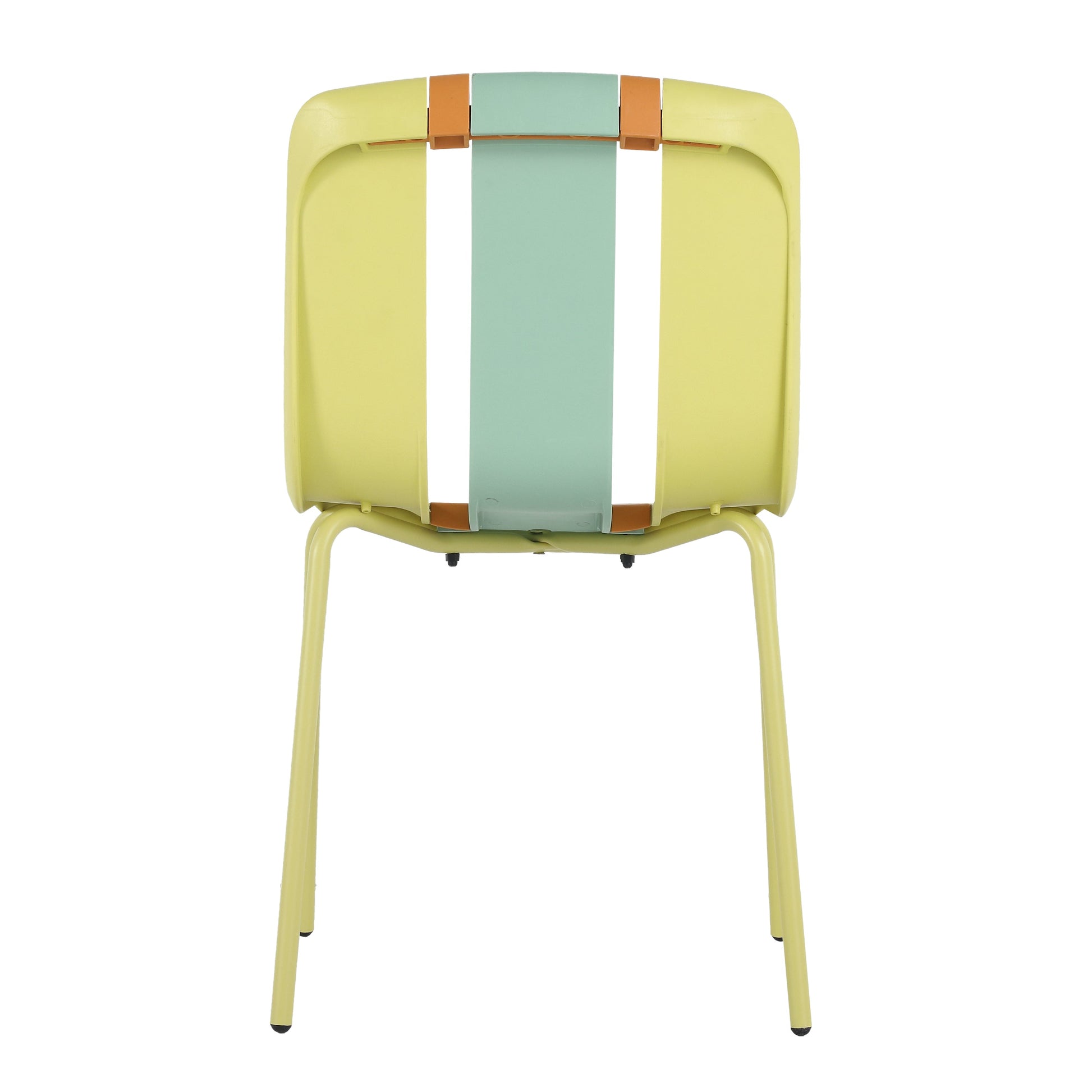 Four-Piece set of modern striped color-blocking single chairs, waterproof and fade-resistant, in Green, Yellow and Orange.Dimensions: 20.47*18.9*31.5 (in). PP seats with powder-coated metal legs.