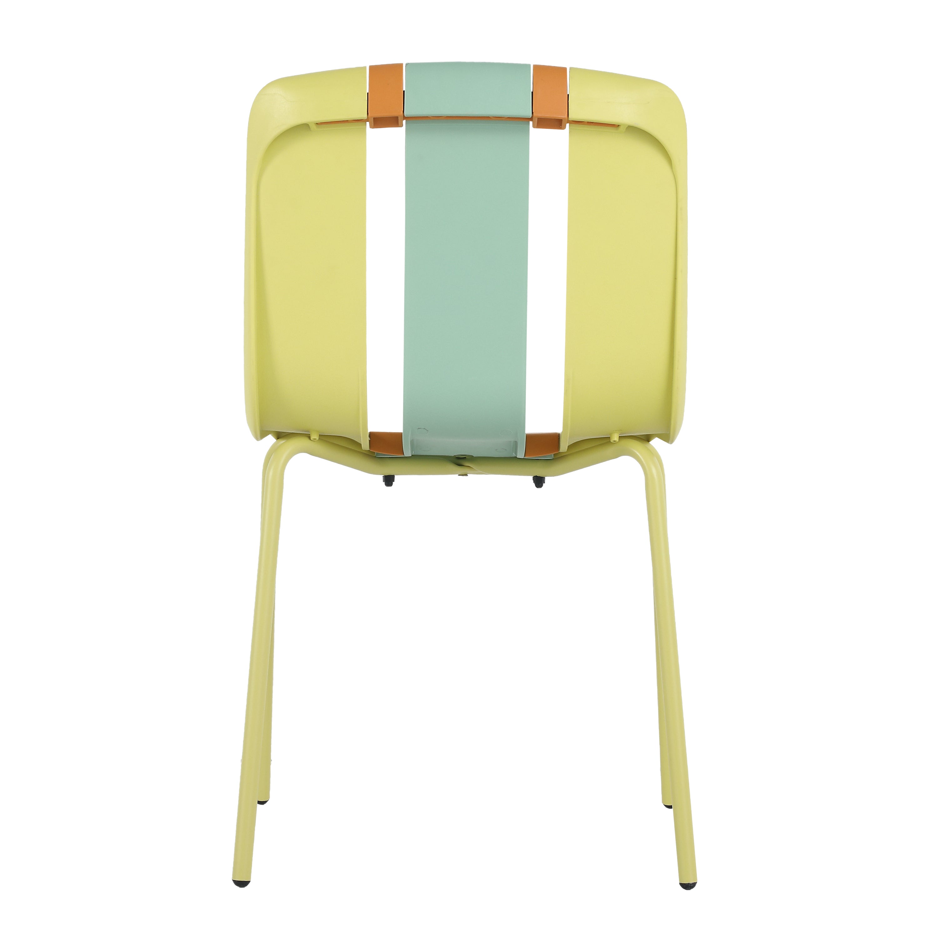 Four-Piece set of modern striped color-blocking single chairs, waterproof and fade-resistant, in Green, Yellow and Orange.Dimensions: 20.47*18.9*31.5 (in). PP seats with powder-coated metal legs.