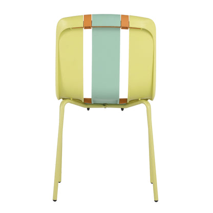 Four-Piece set of modern striped color-blocking single chairs, waterproof and fade-resistant, in Green, Yellow and Orange.Dimensions: 20.47*18.9*31.5 (in). PP seats with powder-coated metal legs.
