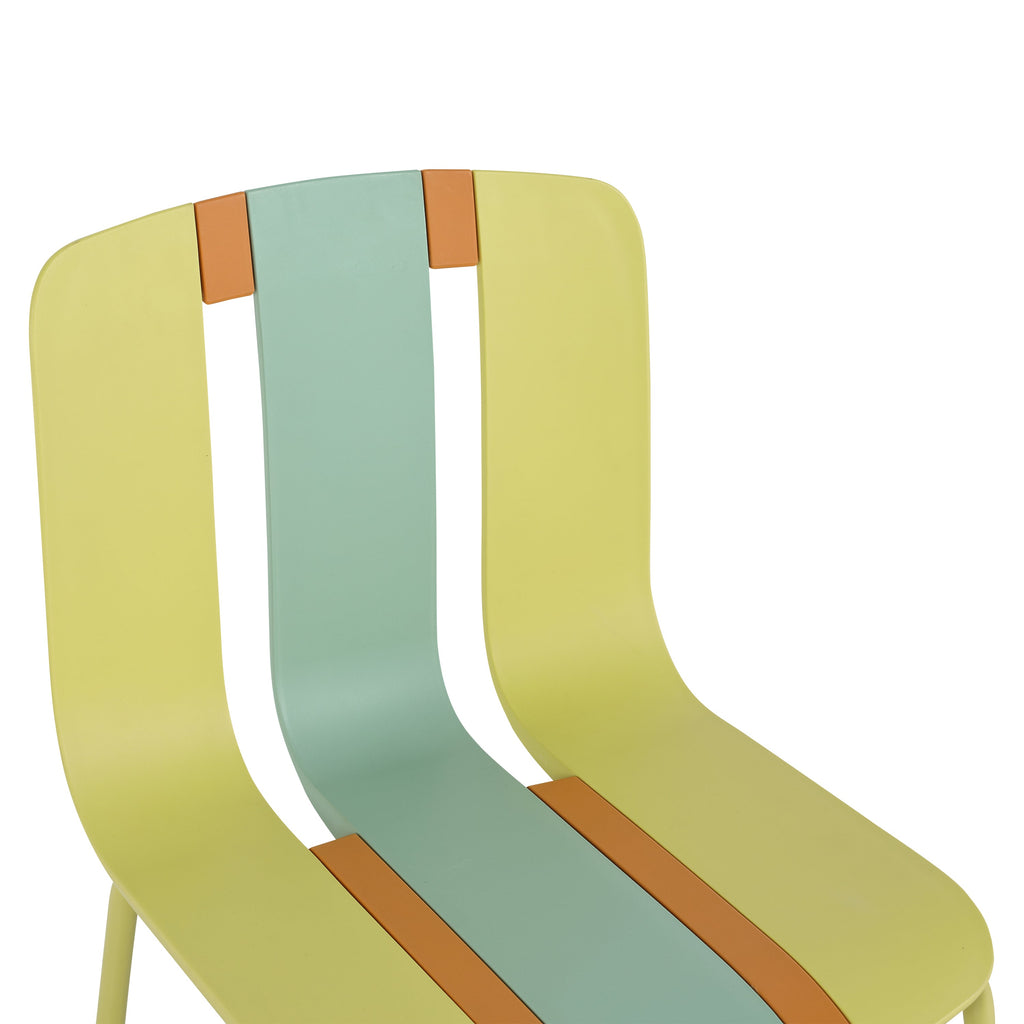 Four-Piece set of modern striped color-blocking single chairs, waterproof and fade-resistant, in Green, Yellow and Orange.Dimensions: 20.47*18.9*31.5 (in). PP seats with powder-coated metal legs.