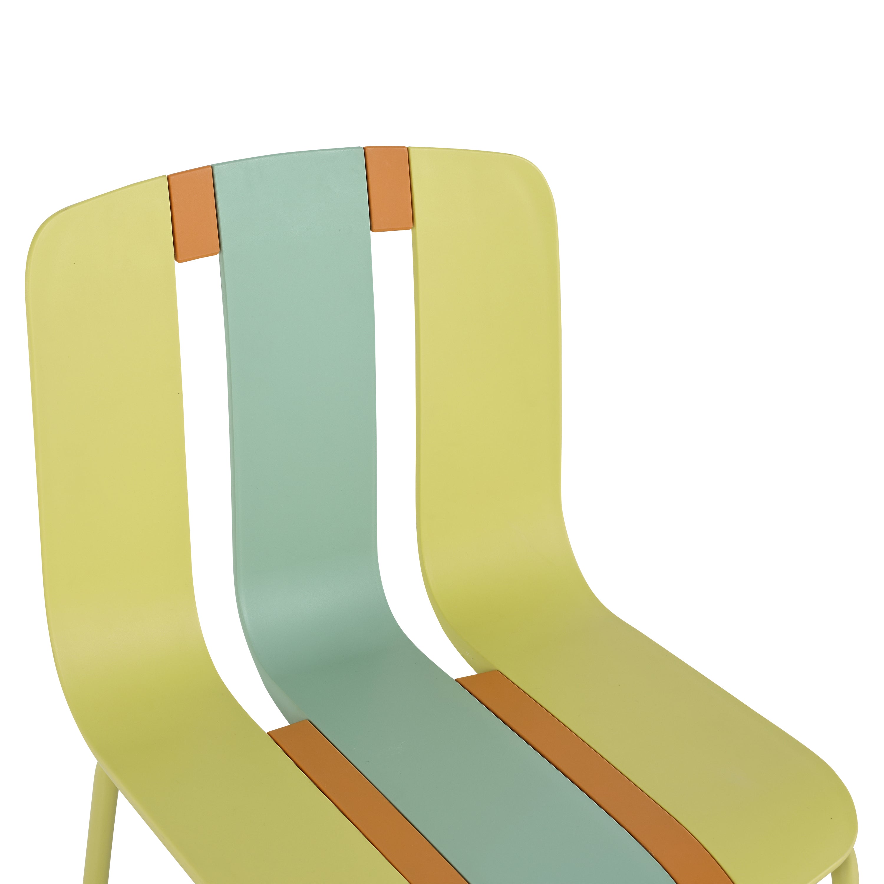 Four-Piece set of modern striped color-blocking single chairs, waterproof and fade-resistant, in Green, Yellow and Orange.Dimensions: 20.47*18.9*31.5 (in). PP seats with powder-coated metal legs.