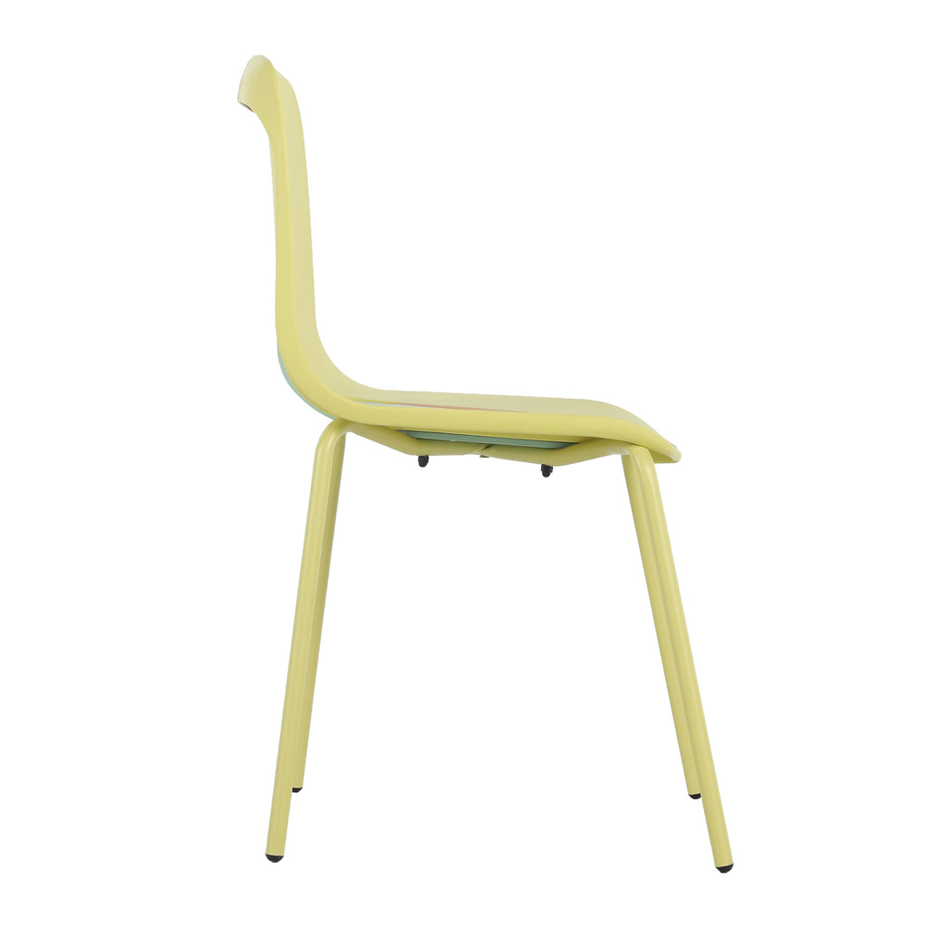 Four-Piece set of modern striped color-blocking single chairs, waterproof and fade-resistant, in Green, Yellow and Orange.Dimensions: 20.47*18.9*31.5 (in). PP seats with powder-coated metal legs.