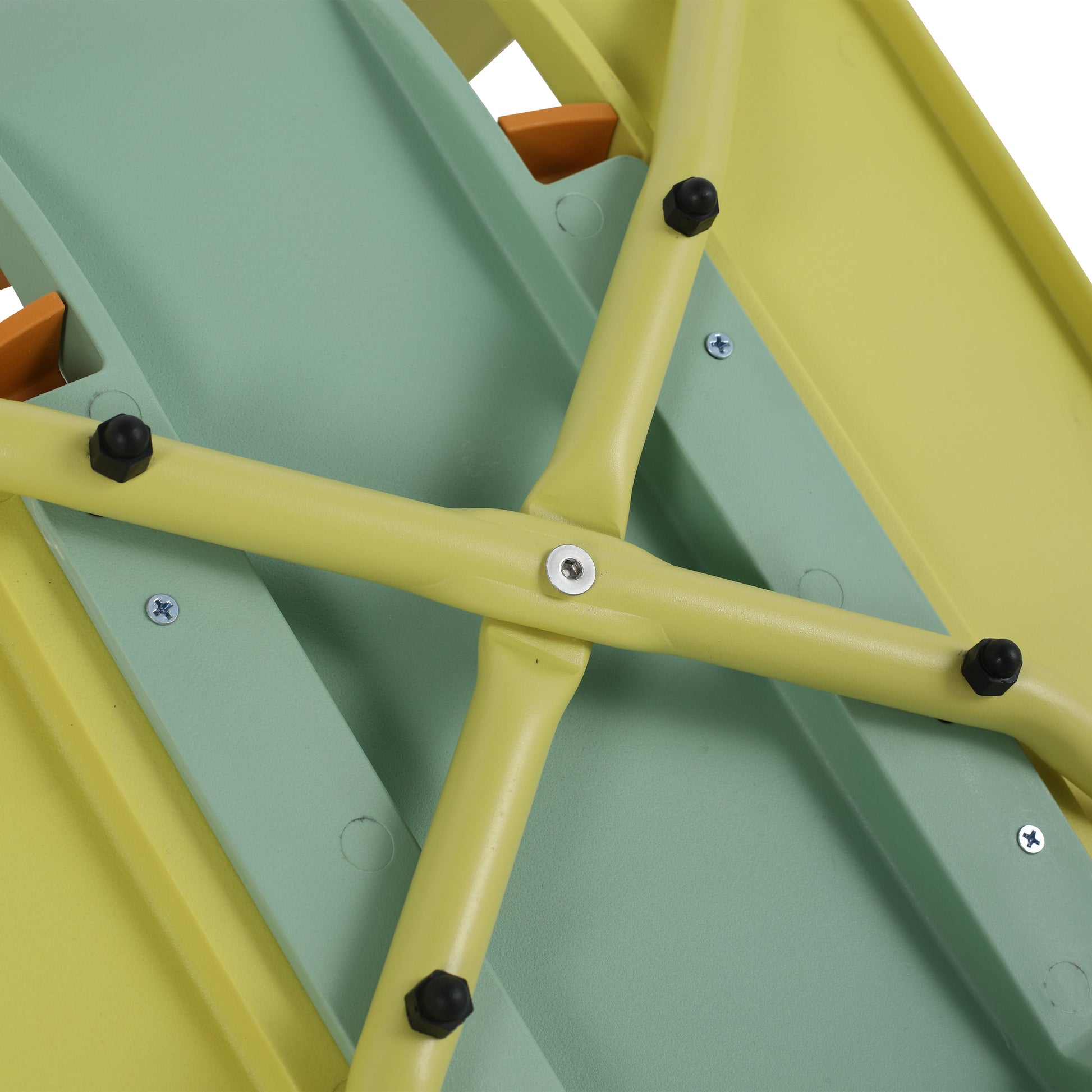 Four-Piece set of modern striped color-blocking single chairs, waterproof and fade-resistant, in Green, Yellow and Orange.Dimensions: 20.47*18.9*31.5 (in). PP seats with powder-coated metal legs.