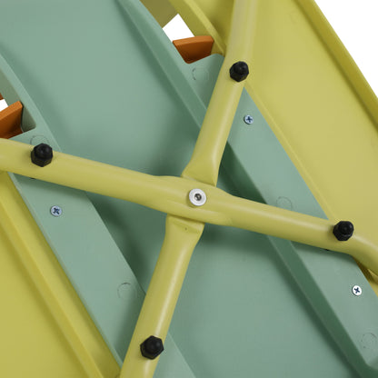 Four-Piece set of modern striped color-blocking single chairs, waterproof and fade-resistant, in Green, Yellow and Orange.Dimensions: 20.47*18.9*31.5 (in). PP seats with powder-coated metal legs.