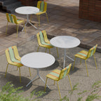 Four-Piece set of modern striped color-blocking single chairs, waterproof and fade-resistant, in Green, Yellow and Orange.Dimensions: 20.47*18.9*31.5 (in). PP seats with powder-coated metal legs.
