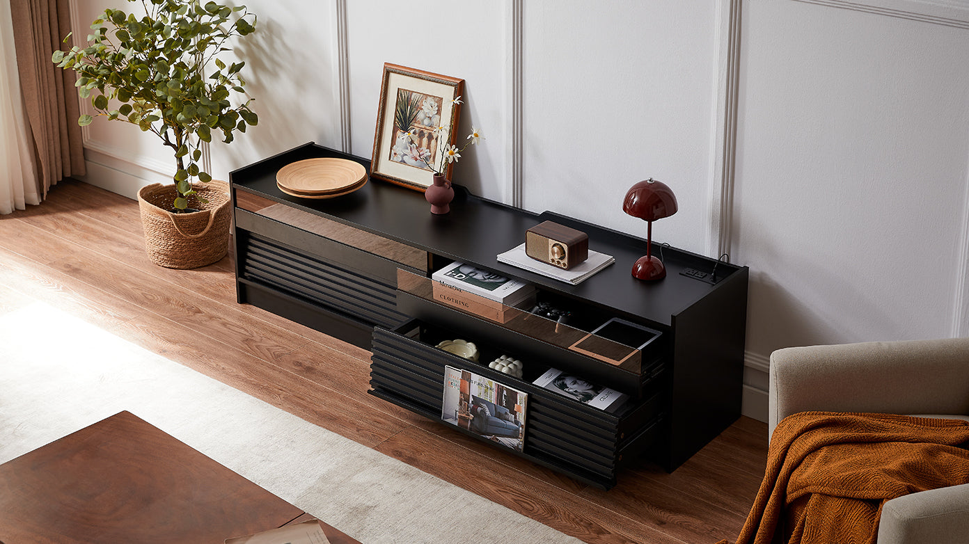 Mirod Modern TV Stand with Ample Storage,4 Drawer Design with Tempered Glass ,Built-in Charging Ports and Ambient LED Lighting ,Versatile for Any Decor Style