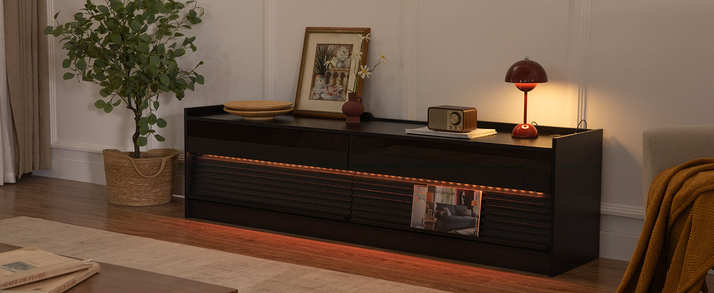 Mirod Modern TV Stand with Ample Storage,4 Drawer Design with Tempered Glass ,Built-in Charging Ports and Ambient LED Lighting ,Versatile for Any Decor Style