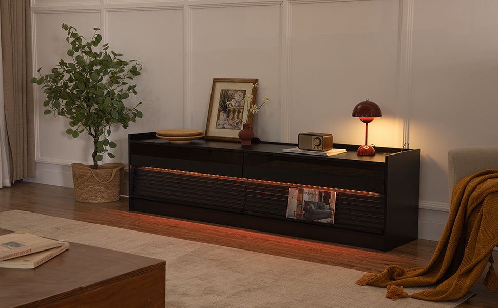 Mirod Modern TV Stand with Ample Storage,4 Drawer Design with Tempered Glass ,Built-in Charging Ports and Ambient LED Lighting ,Versatile for Any Decor Style