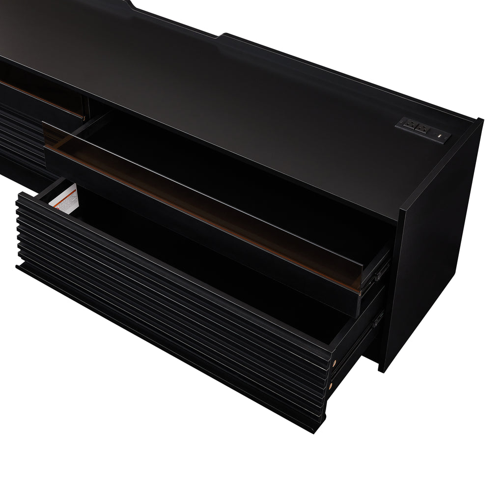 Mirod Modern TV Stand with Ample Storage,4 Drawer Design with Tempered Glass ,Built-in Charging Ports and Ambient LED Lighting ,Versatile for Any Decor Style