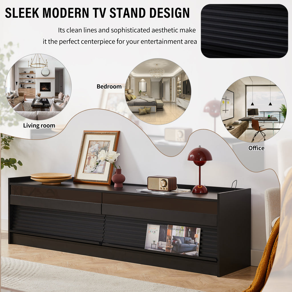 Mirod Modern TV Stand with Ample Storage,4 Drawer Design with Tempered Glass ,Built-in Charging Ports and Ambient LED Lighting ,Versatile for Any Decor Style