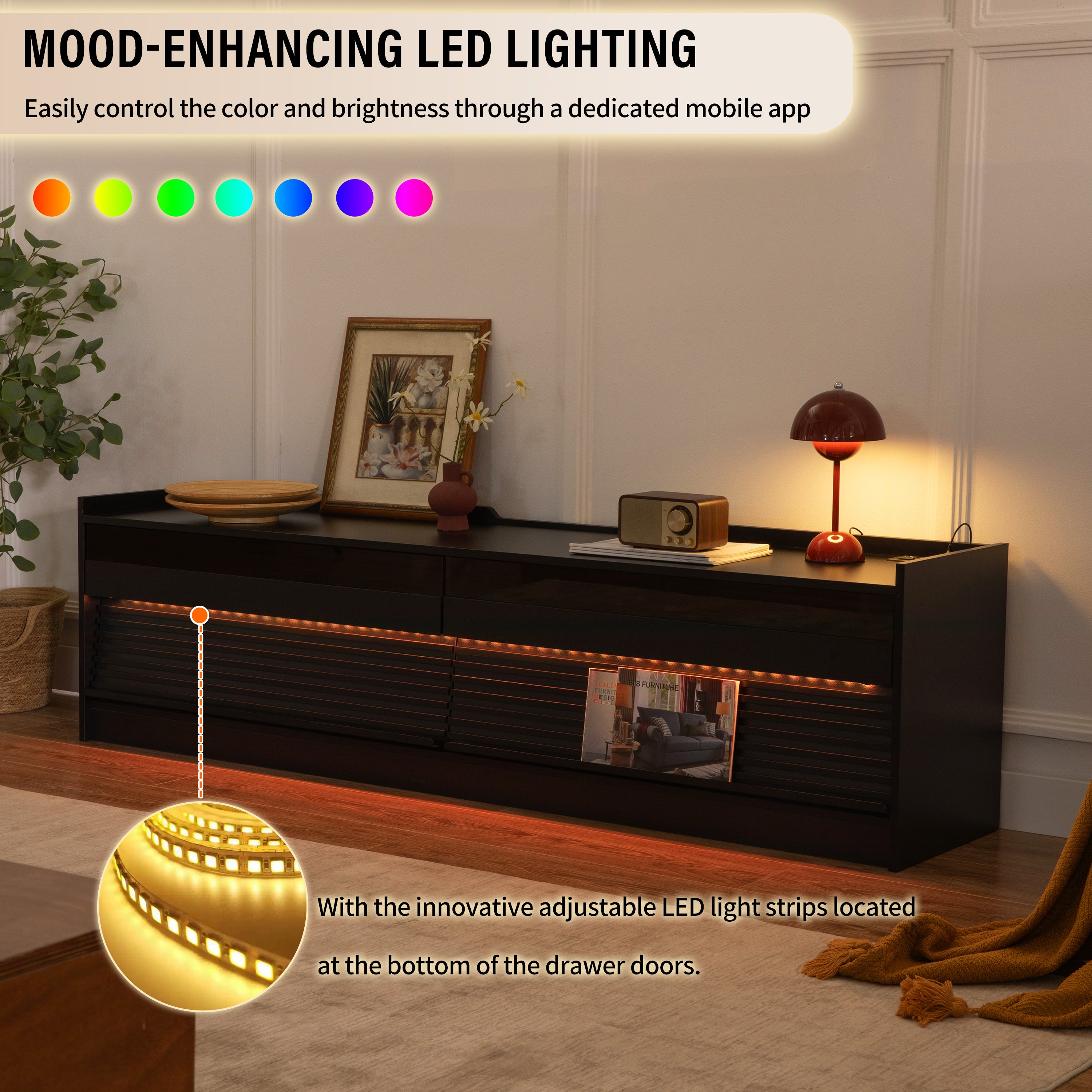 Mirod Modern TV Stand with Ample Storage,4 Drawer Design with Tempered Glass ,Built-in Charging Ports and Ambient LED Lighting ,Versatile for Any Decor Style