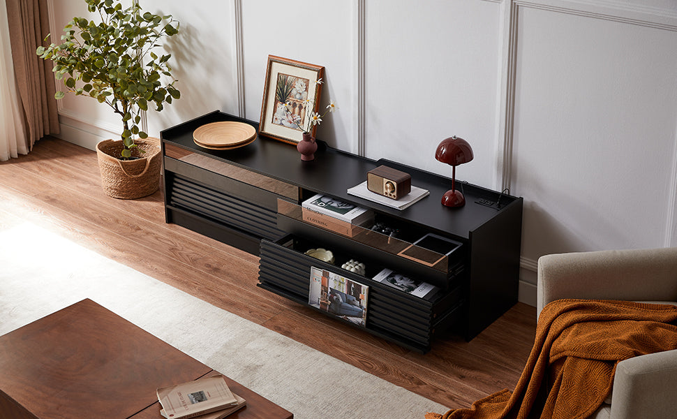 Mirod Modern TV Stand with Ample Storage,4 Drawer Design with Tempered Glass ,Built-in Charging Ports and Ambient LED Lighting ,Versatile for Any Decor Style
