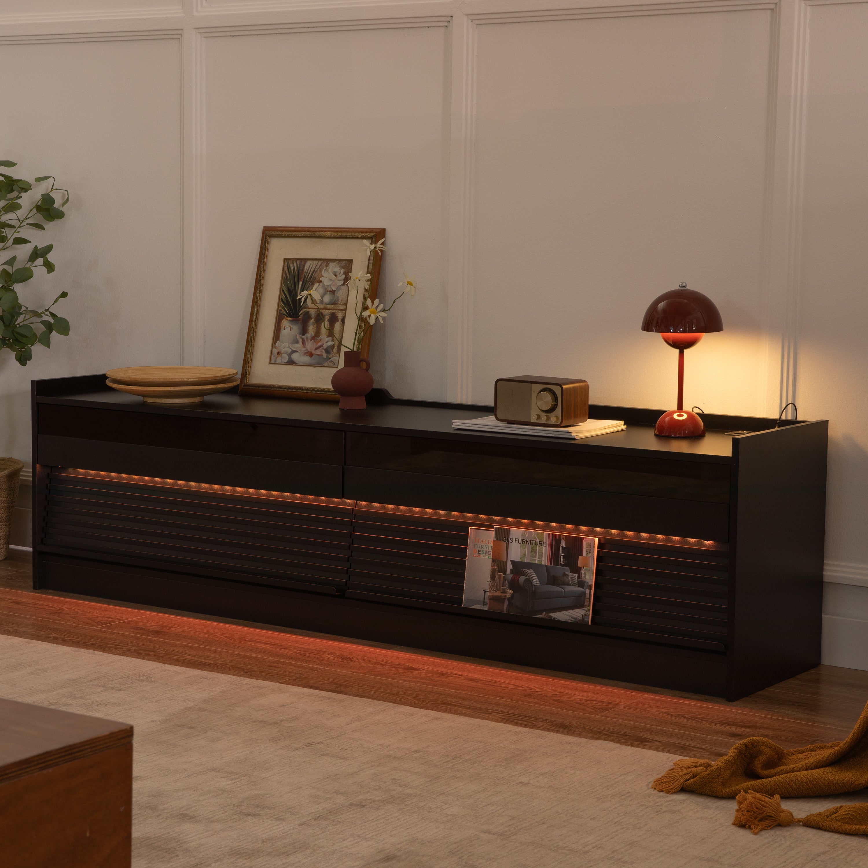 Mirod Modern TV Stand with Ample Storage,4 Drawer Design with Tempered Glass ,Built-in Charging Ports and Ambient LED Lighting ,Versatile for Any Decor Style